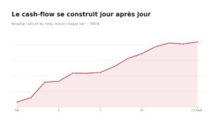 Courbe du résultat cumulé de MATA sur un mois, cash-flow construit jour après jour